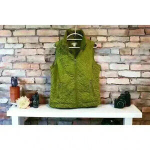 CJ Banks Womens M Vest Green Embroidered Woven Lined Metal Zipper Front Pockets